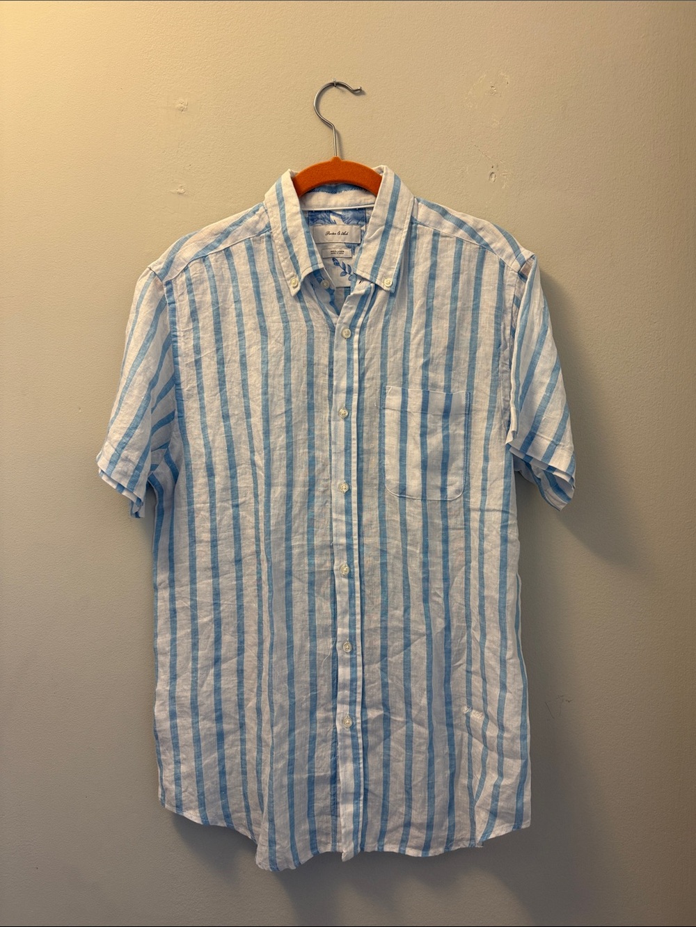 Porter & Ash Light Blue & White Linen Stripe Short-Sleeve Button-Down Shirt